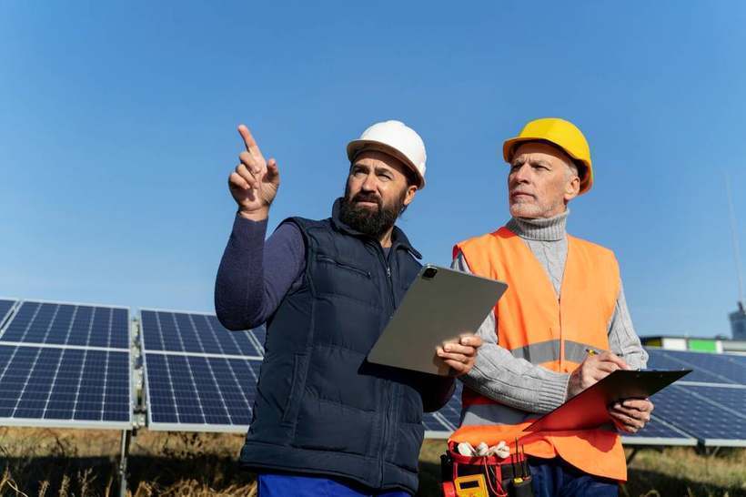Engenheiros inspecionando módulos de uma usina solar em campo