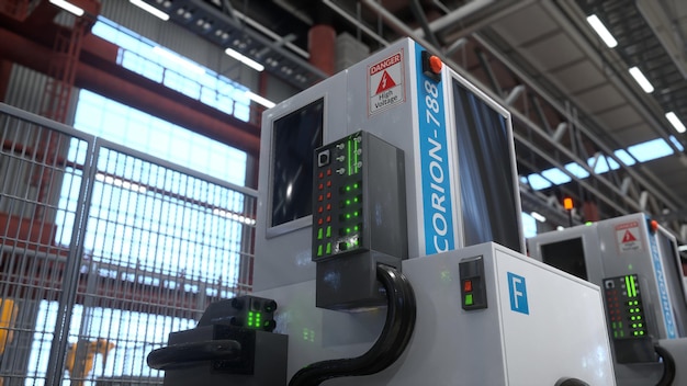 Equipamento industrial de energia com painéis de controle e indicadores